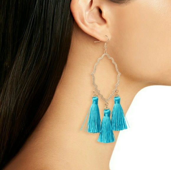 NEW Teal Moroccan Long TASSLE Earrings NWT Boxed - Picture 5 of 6